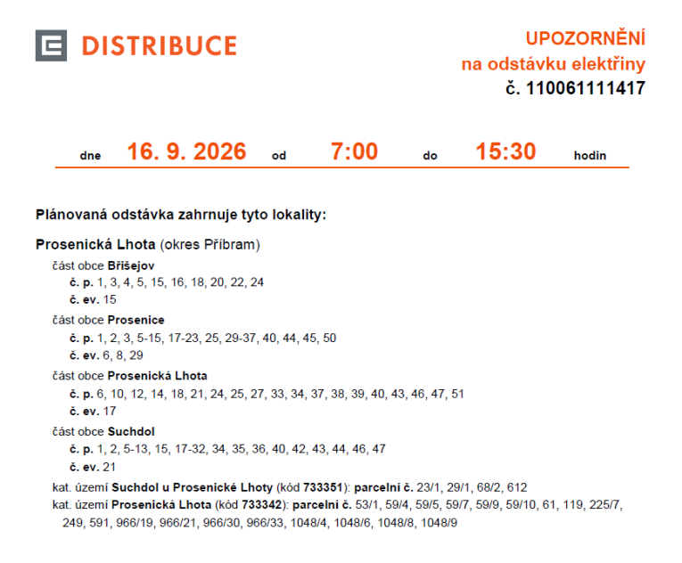 Upozornění na&nbsp;odstávku elektřiny - 16.9.2026