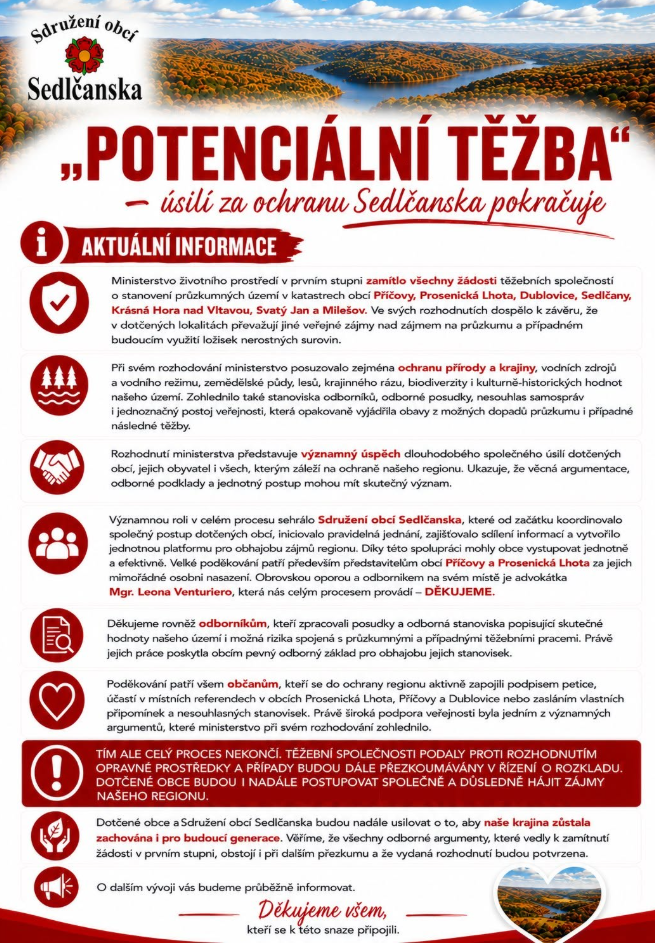 Potenciální těžba - úsilí za&nbsp;ochranu Sedlčanska pokračuje