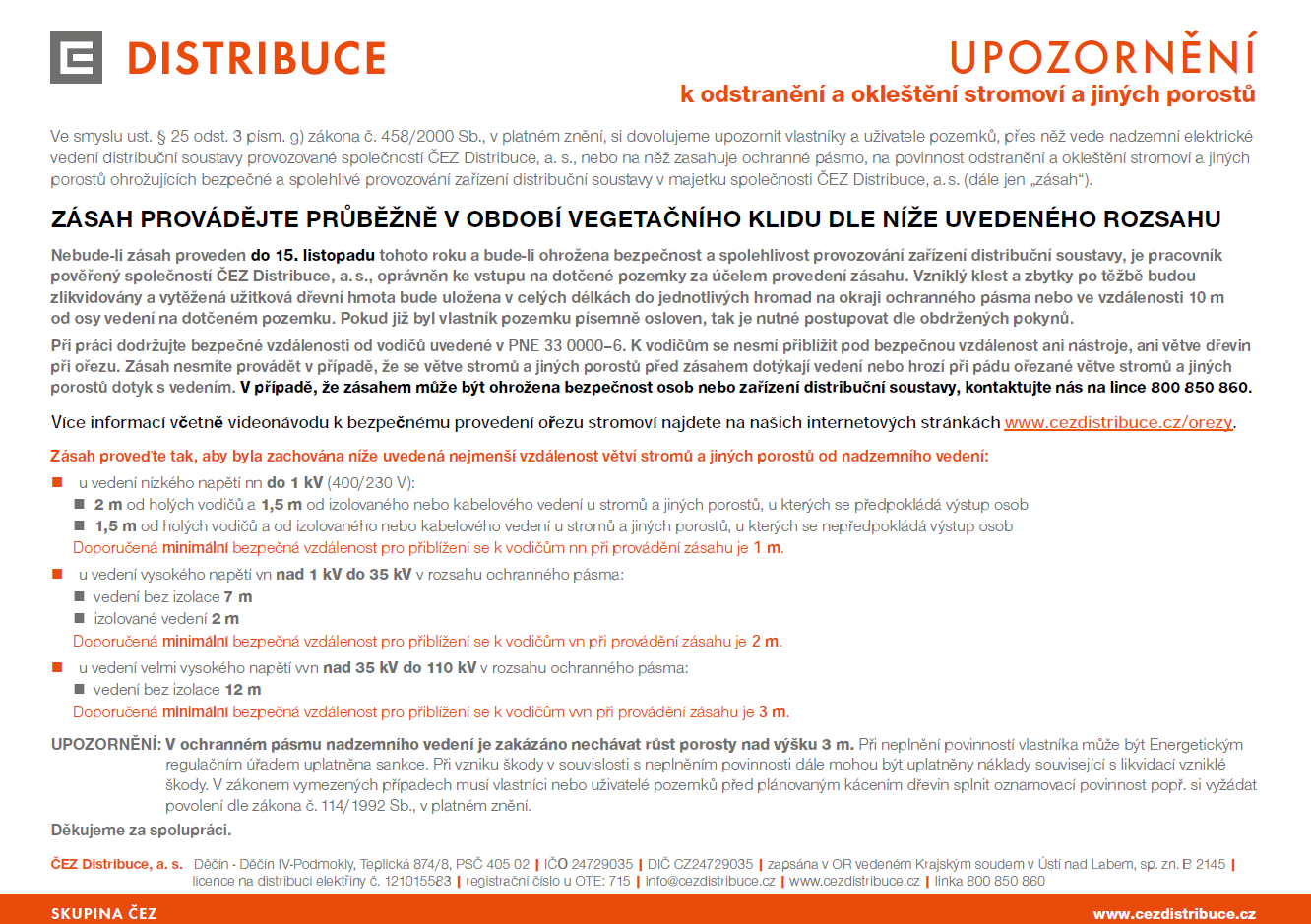 Upozornění ČEZ Distribuce k odstranění a okleštění stromoví a jiných porostů