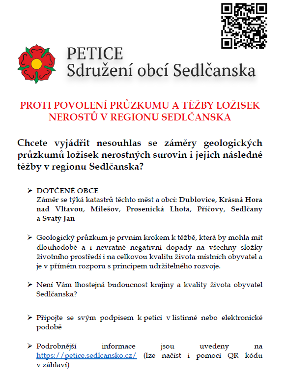 PETICE proti povolení průzkumu a těžby ložisek nerostů v regionu Sedlčanska